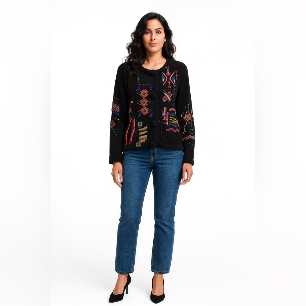 Vintage New York News Women’s Beaded Embroidered Knit Black Cardigan, Size Large